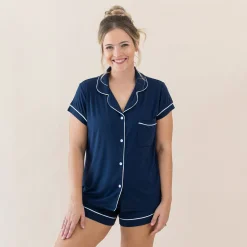 Outlet Kyte Baby Women’s Short Sleeve Pajama Set in Navy with Cloud Trim