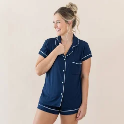 Outlet Kyte Baby Women’s Short Sleeve Pajama Set in Navy with Cloud Trim
