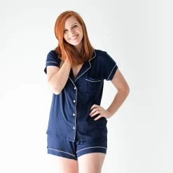 Outlet Kyte Baby Women’s Short Sleeve Pajama Set in Navy with Cloud Trim