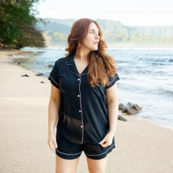 Hot Kyte Baby Women’s Short Sleeve Pajama Set in Midnight with Cloud Trim
