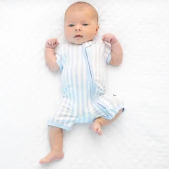 Discount Kyte Baby Zipper Shortall Romper in Small Mist Stripe