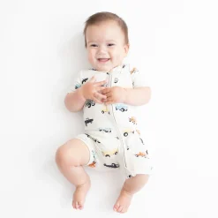 Kyte Baby Zippered Shortall Romper in Vintage Truck